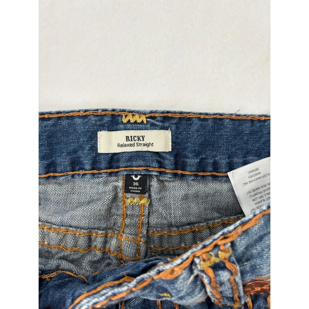 True Religion Ricky Jeans Mens 36 Blue Distressed Relaxed Straight Big Stitch